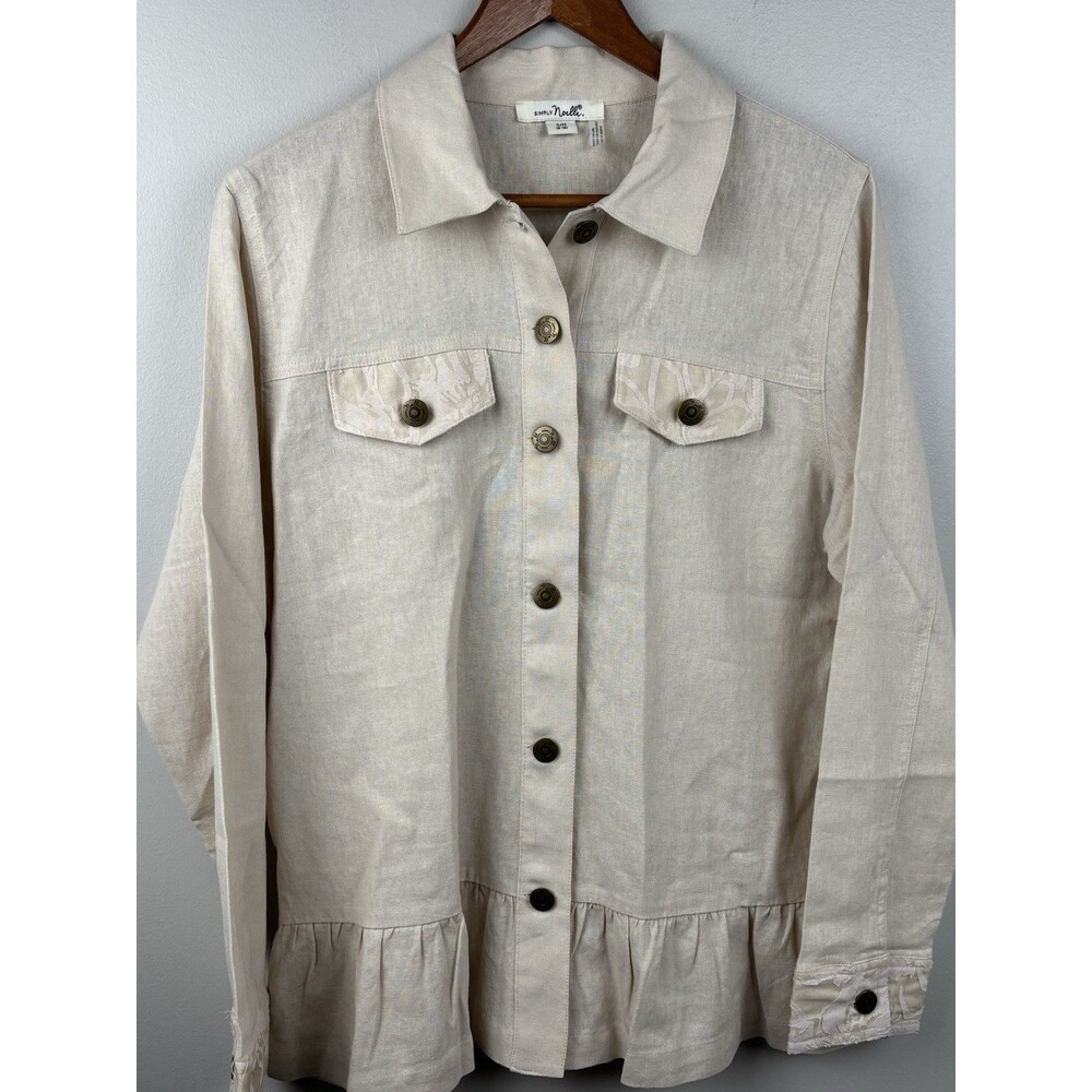 Simply Noelle Jacket Women S/M 8-10 Beige Linen Lace Ruffle Hem Rivet Button - Picture 10 of 13